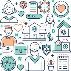 Editable Line Icons for Elderly Care – Nursing Home, Insurance, Medical Assistance & More | 64x64 Pixel Perfect
