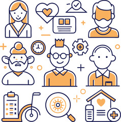 Editable Line Icons for Elderly Care – Nursing Home, Insurance, Medical Assistance & More | 64x64 Pixel Perfect