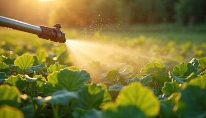 Close-up of pesticide spraying process on plants in golden sunlight. Chemical treatment, plant protection from pests, industrial agriculture, aerial application. Harvest production, farming, food