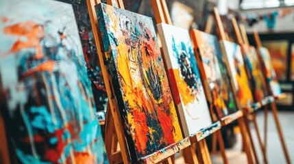 Colorful abstract paintings displayed on wooden easels in an art gallery.