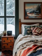 Room interior with bed and snow covered window and art