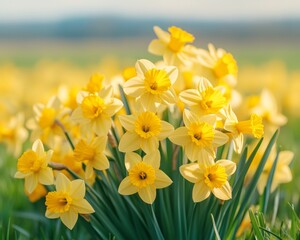 Fototapeta premium Vibrant Yellow Daffodils in Bloom, Natural Spring Flowers, Green Grass, Nature Background, Sunlight