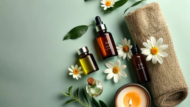 Explore a calming arrangement showcasing essential oils, soothing towels, and fresh flowers, perfect for a wellness routine