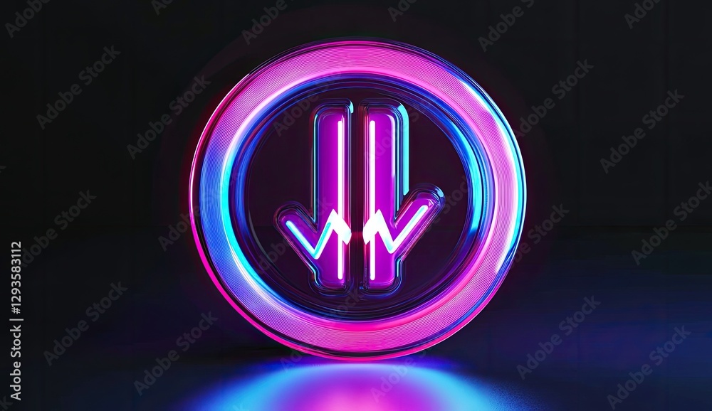 Poster neon downward arrow symbol on circular button