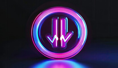 Neon Downward Arrow Symbol on Circular Button