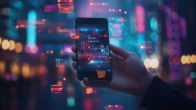 A businessman holds a smartphone displaying an online shopping platform, with a virtual shopping cart interface. He interacts with the cart, selecting items as part of the online marketplace network.