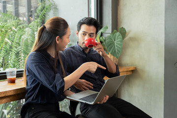 4k, small business restaurant cafe coffee shop start-up lifestyle concept, man and woman discussing, consult, or planning to open new homemade bakery expanding branch worried financial investment