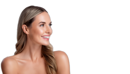 A beautiful woman smiling and looking to the left sideways