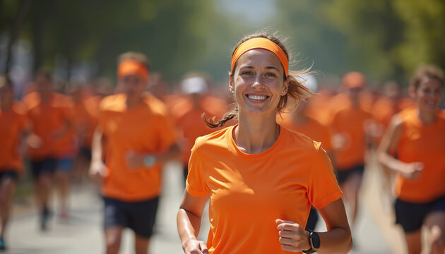 Smiling woman runs in orange shirt with crowd at charity event. Female runner participates in marathon race. Healthy lifestyle, sport activity, fun, community support, health awareness promotion. - Powered by Adobe