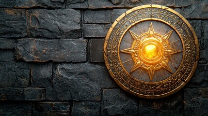 Obraz premium Enchanted Shield on Dark Stone Wall