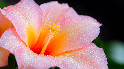 Pink hibiscus flower, dew drops, close-up, dark background, nature photography