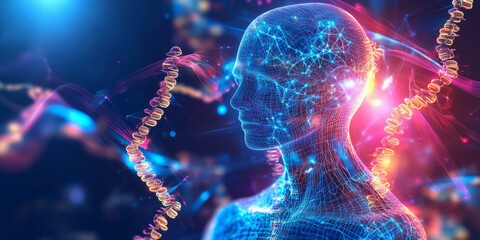 A glowing futuristic AI-powered personalized medicine system, featuring cybernetic real-time genetic diagnostics pathways, pulsating holographic patient-specific treatment grids, and swirling