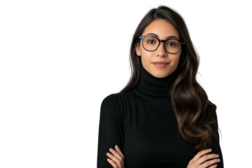 Stoic Native American female project manager in turtleneck isolated on transparent white background