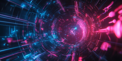 Fototapeta premium A futuristic AI-powered interstellar deep-space telescope, featuring glowing cybernetic exoplanet detection pathways, pulsating holographic real-time cosmic data processing grids, and swirling quantum