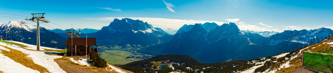Naklejka premium High resolution stitched alpine summer panorama at Mount Grubigstein, Lermoos, Reutte, Tyrol, Austria