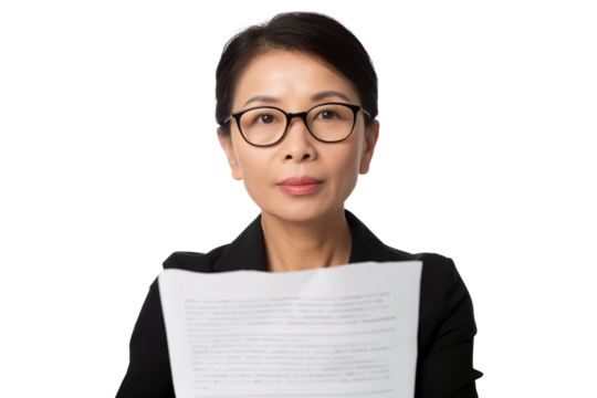 Professional middle-aged East Asian female CFO reviewing documents isolated on transparent white background