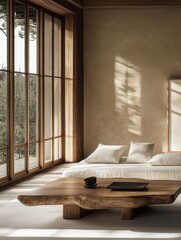 A minimalist interior shows a coffee table and couch