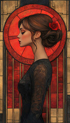 Illustration of witch in black hat in art deco style. AI generative