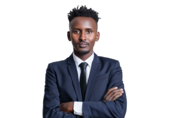 Youthful Somali male venture capitalist in slim-fit suit isolated on transparent white background