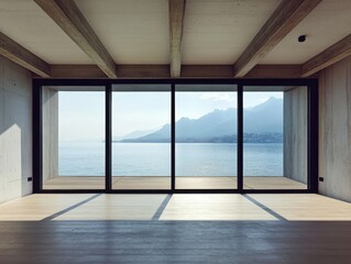 Fototapeta premium A large window overlooking a body of water. The window is open and the view is clear. The room is empty and the floor is made of wood