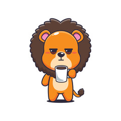 Obraz premium Lion cartoon vector illustration is tired and sleepy holding coffee