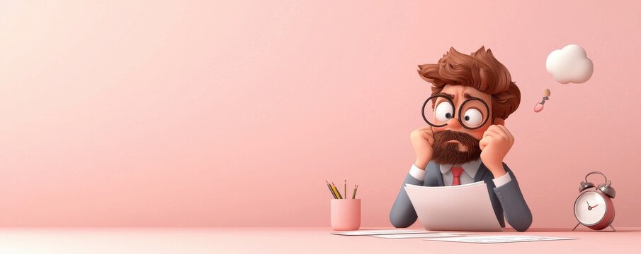 Stressed cartoon businessman in the office humorous illustration light pink background frustration and workload concept
