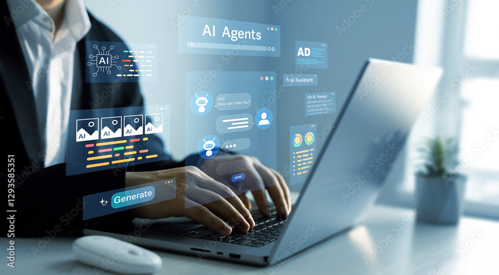 Poster AI Agents and assistants.  Ai Content Generator. Interaction with the Ai assistant to solve some tasks more easily. Image generator, documents, marketing and advertising, bot writing and coding