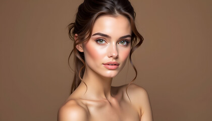Elegant Woman with Radiant Skin &ndash; Close-Up Beauty Portrait, Soft Makeup, Off-the-Shoulder Pose, Elegant Updo, and Warm Brown Background, Ideal for Skincare & Makeup Advertising