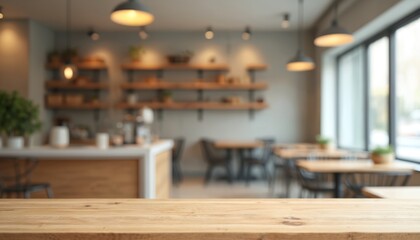 Empty wooden table surface with blurred coffee shop background, plants, lamps. Desk for product display, advertise. Place template, mockups, hot drink, dining. Modern interior with light, texture,