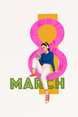 Art image vertical photo collage of happy girl listen music headphones hold phone eight march celebration event postcard greeting