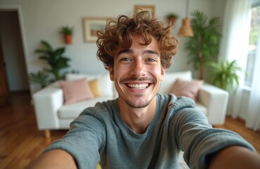 Fototapeta premium Smiling young man takes selfie at home in living room. Millennial male captures self-portrait with mobile phone, shares joyful moments. Potted plants, white couch, pillow add coziness.