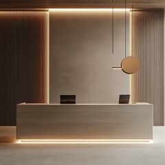 The modern reception area has items with soft lighting features