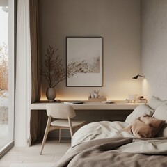 A minimalist bedroom with a desk beside a window and bed