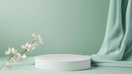 White round podium or pedestal, isolated on a pastel green background for product display with copy space