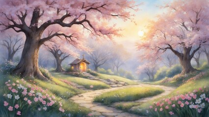 Watercolor spring landscape with blooming trees and a small chapel