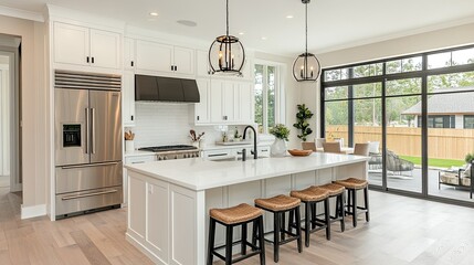 Gorgeous kitchen details in a brand-new, opulent house. includes stainless steel appliances, hardwood floors, pendant lights, and an island