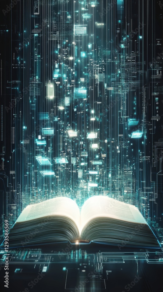 Aufkleber Glowing open book with digital data streams and futuristic technology, illuminated pages. Knowledge and innovation concept