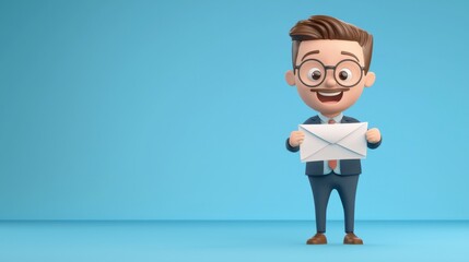 Cartoon businessman opening envelope office space digital illustration bright background playful perspective business concept