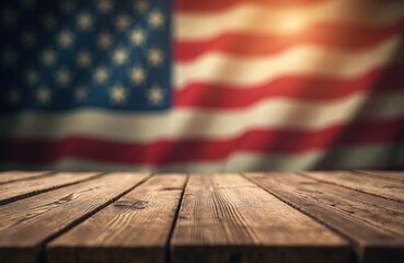 Rustic wooden tabletop with blurry American flag background. Empty wood table ideal for product display or patriotic themes. Vintage feel, warm lighting, evokes national pride.