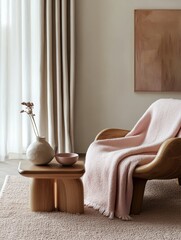A cozy living space with a pink blanket and chair