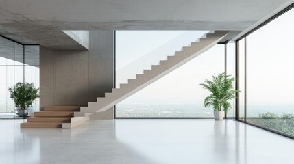 Obraz premium Modern Minimalist Interior Design: A Stunning Staircase with Panoramic City Views