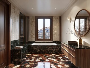 A bathroom with a large mirror and a sink. The sink is in front of a wooden cabinet