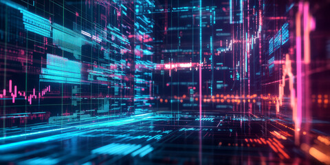 A glowing futuristic AI-powered quantum finance system, displaying cybernetic predictive analytics grids, pulsating holographic stock market intelligence pathways, and swirling digital risk assessment