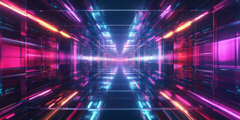 Fototapeta premium A futuristic abstract background with layered, refractive neon mesh patterns seamlessly expanding into a high-tech digital environment. The glowing symmetry and dynamic reflections create a visually