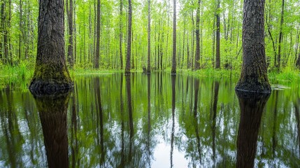 Tranquil Wetlands with Lush Green Trees and Reflective Water Surface