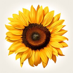 Obraz premium Perfectly detailed sunflower with bright yellow petals and rich brown center, isolated on a plain white background. 