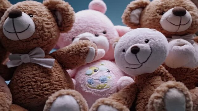 Cuddly teddy bears sporting colorful bows scattered across vivid blue background, nestled near soft baby pacifiers, forming playful childhood memory collection