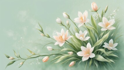 Fototapeta premium Elegant white lilies in a soft green watercolor background