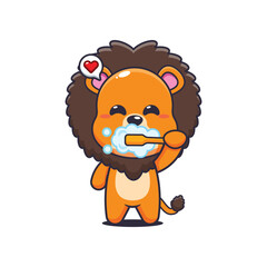 Lion cartoon vector illustration brushing teeth