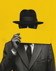 Man with hat and glasses. Black and Yellow Collage of Spy. Spy Concept. Generative AI
